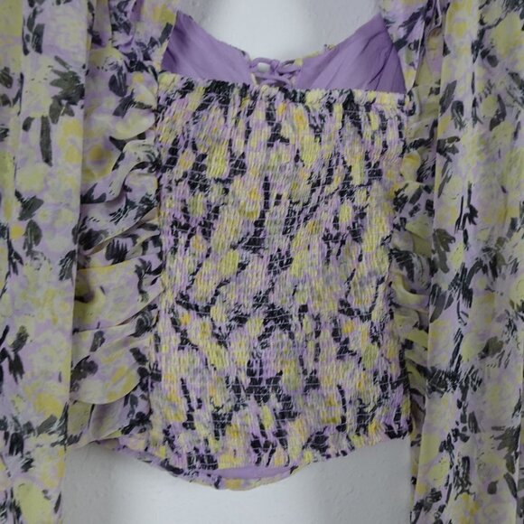 Free People Mabel Printed Blouse Top Women's XS Purple Yellow Open Back - Picture 12 of 16